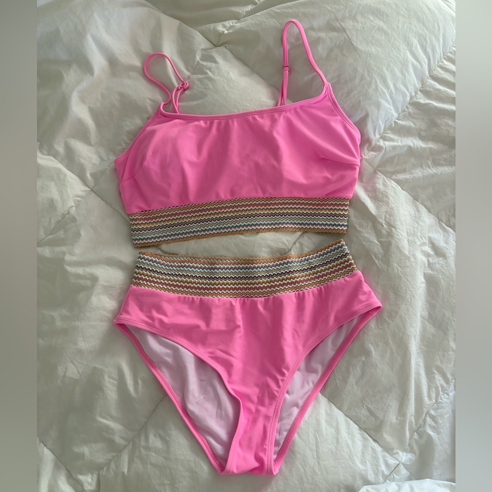 NWOT Pink Two-Piece Swimsuit with Patterned Waistband